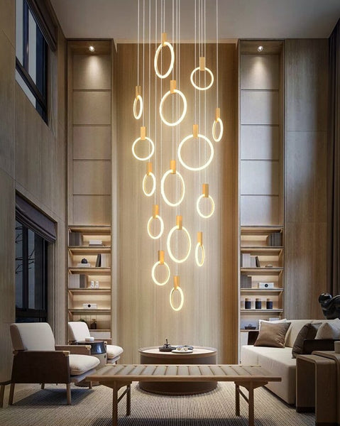 Lights of Scandinavia - Halo - Modern hanging stair LED chandelier. Perfect for creating a mood in any corner or in a stair. Aluminum/acrylic rings. Specifications Light Source LED Bulbs Base Type 2G11 Is Bulbs Included Dimmable Switch Type Power Source AC, 110-240V Lighting Area Coverage Installation Type Semiflush Mount Body Material Acrylic Warranty 2 years Certification CCC, CE, CQC, FCC, GS, LVD, PSE, ROHS, SAA, UL