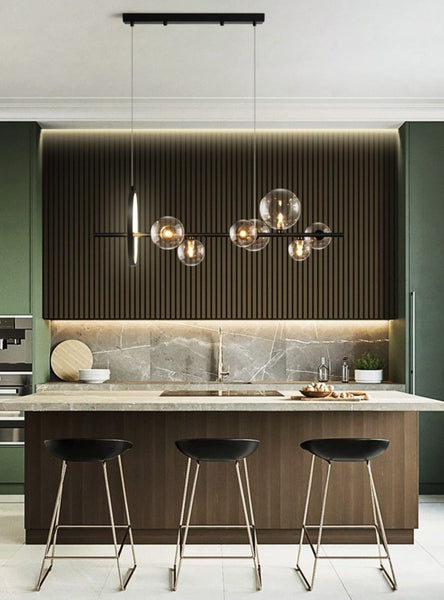 Lights of Scandinavia - Macrocosm - Modern hanging glass ball LED lighting. Nordic style chandelier for dining rooms, bars, restaurants or why not at the coffee shop?    2 sizes - 90 or 120cm width. 7 Heads - Width 90cm, Height 30cm, 7x5W + 17W 10 Heads - Width 100cm, Height 30cm, 10x5W + 17W